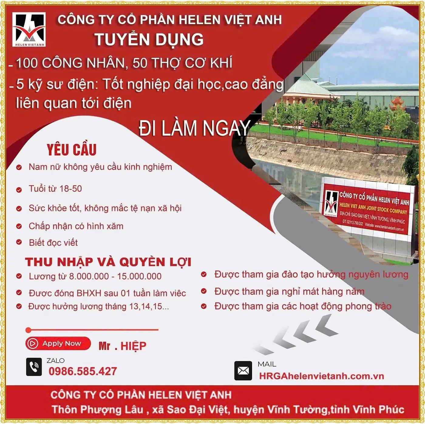 Phú thọ tuyển 100 công nhân cơ khí, 50 thợ cơ khí