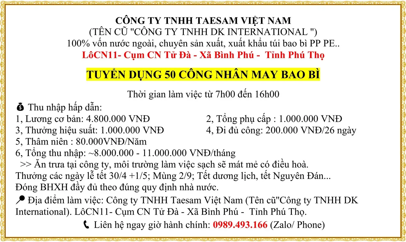Phú thọ tuyển gấp 50 câng nhân may bao bì