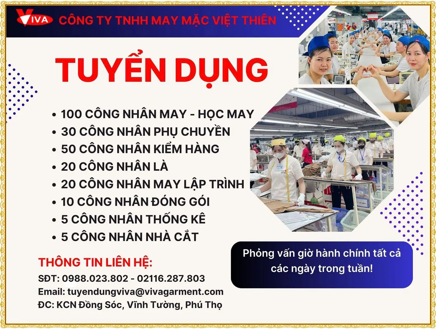 Phú thọ tuyển gấp 100 công nhân may