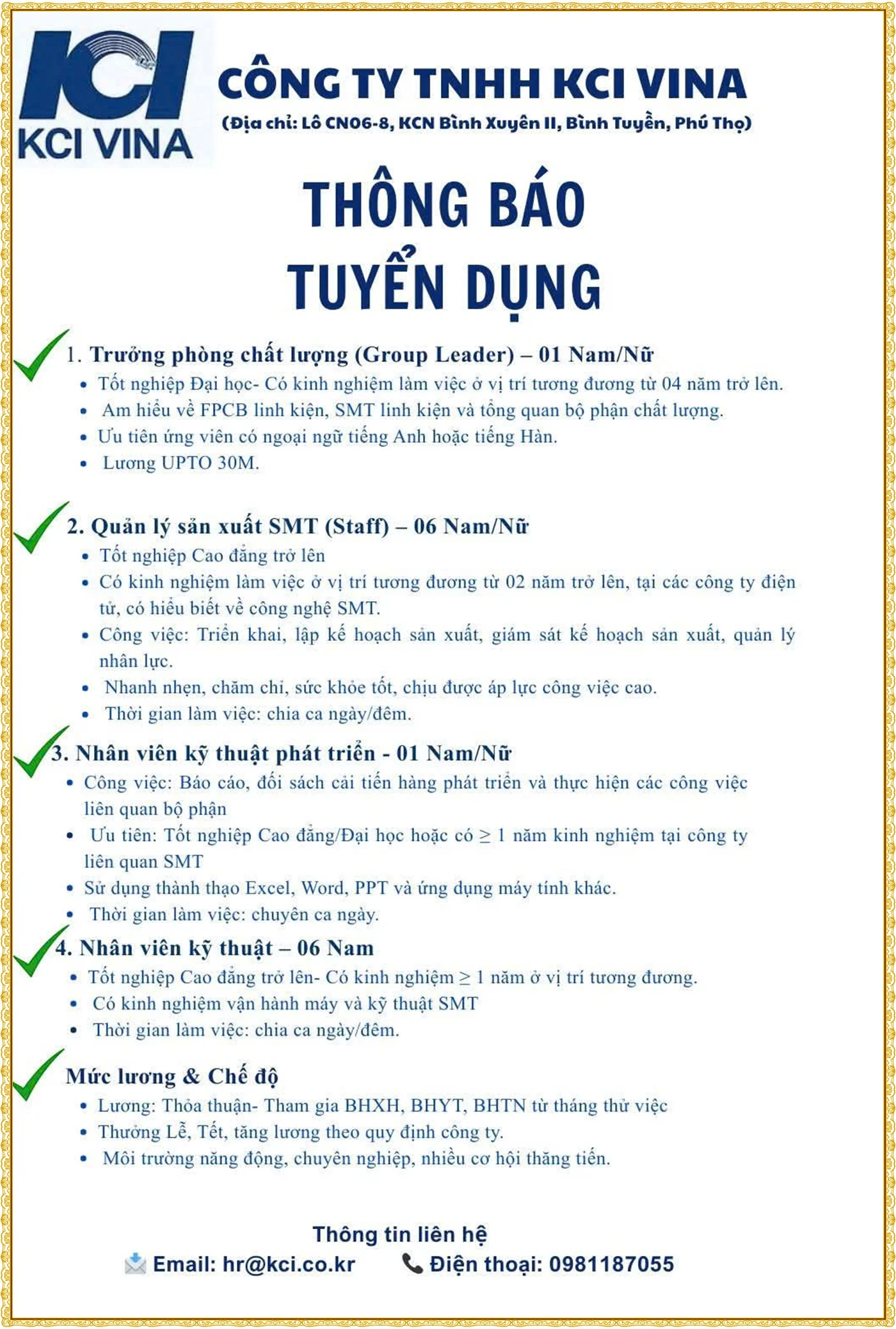 Tuyển trưởng phòng chất lượng tại Phú thọ