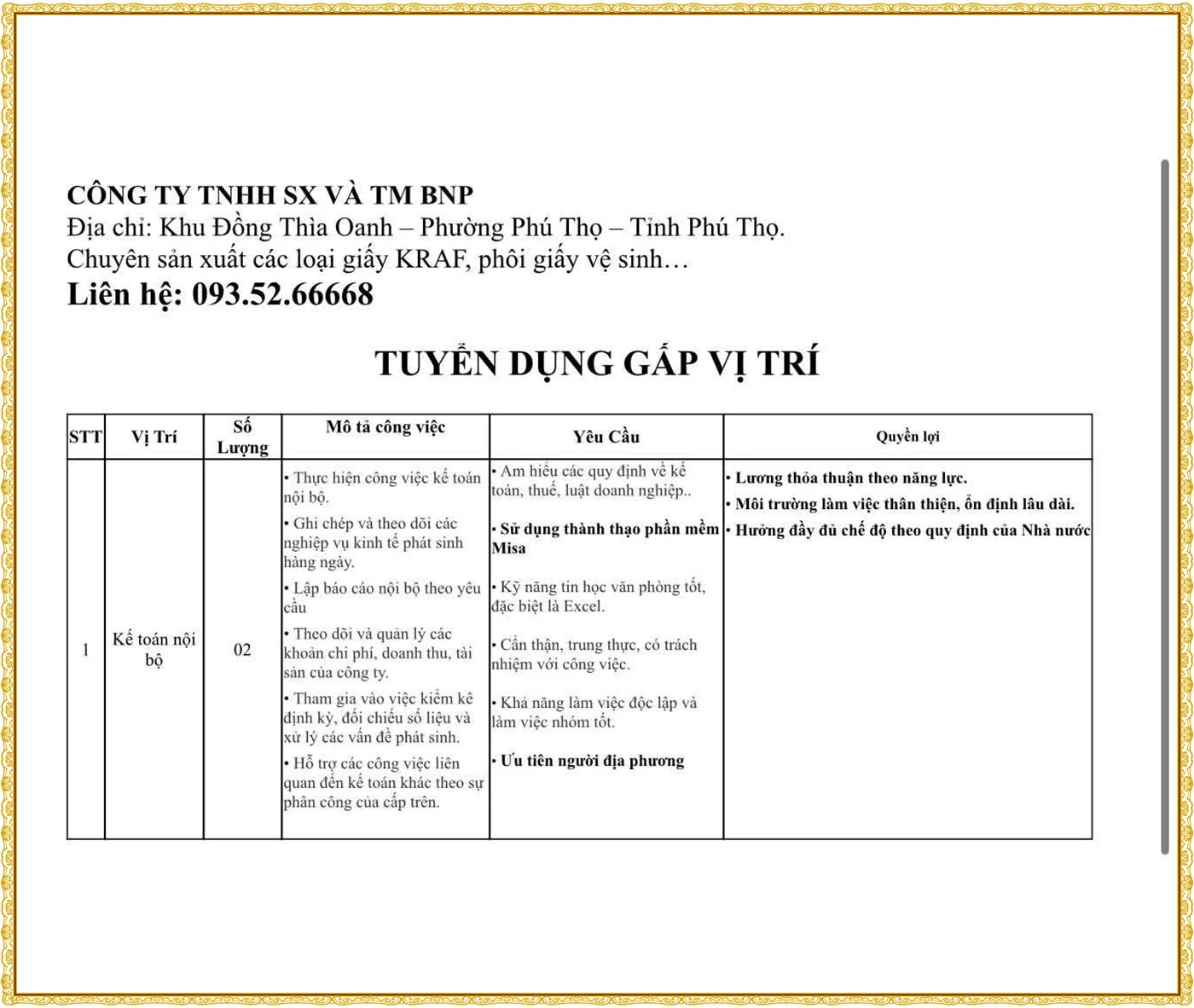 Phú Thọ tuyển dụng kế toán nội bộ