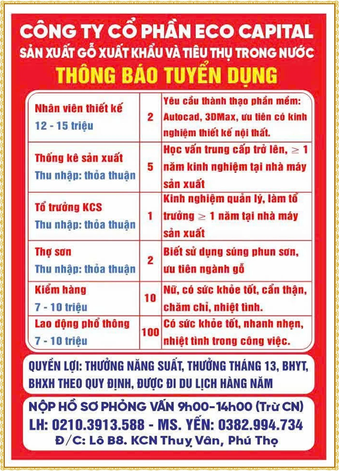 Tuyển dụng nhân viên thiết kế, thống kê sản xuất, thợ sơn, Tổ trưởng tại Phú Thọ