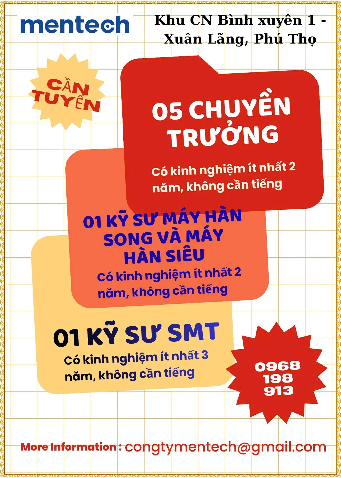 Tuyển 5 chuyền trưởng tại Phú Thọ