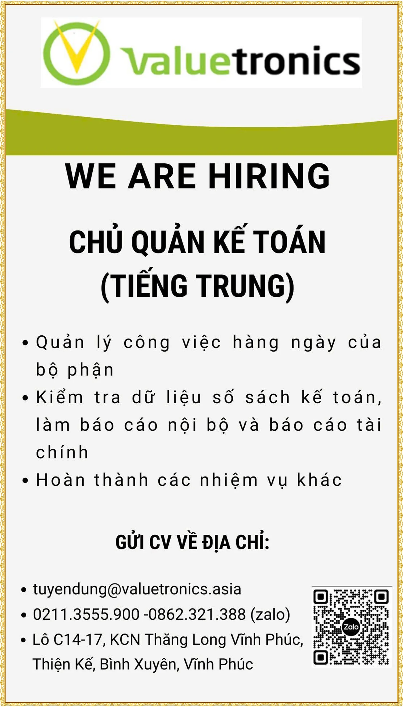 Tuyển dụng chủ quản kế toán tại Phú Thọ