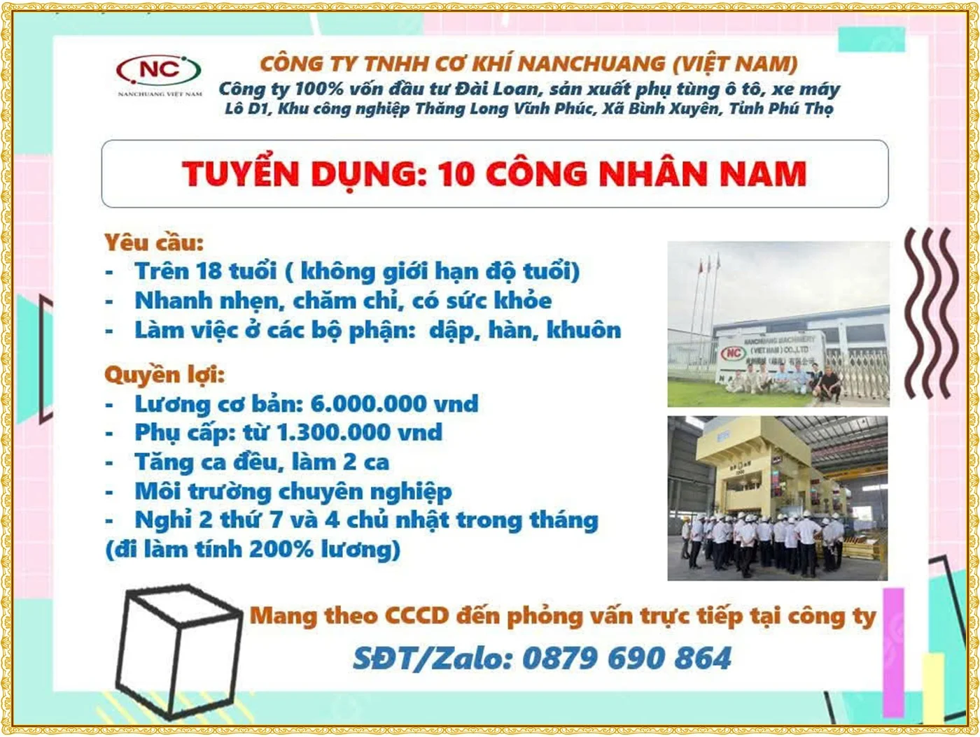 Tuyển 10 công nhân nam, ngành sản xuất phụ tùng ô tô tại Phú thọ