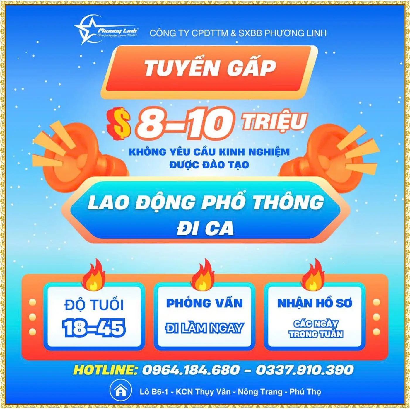 Tuyển lao động phổ thông đi ca tai Phú thọ