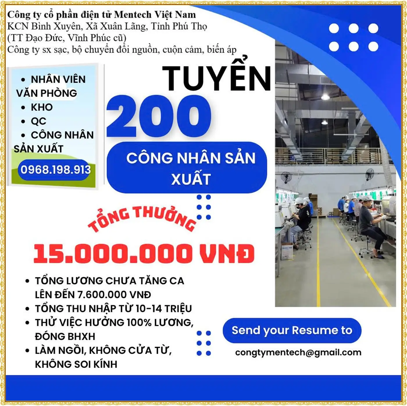 Tuyển 200 công nhân sản xuất tại Phú Thọ
