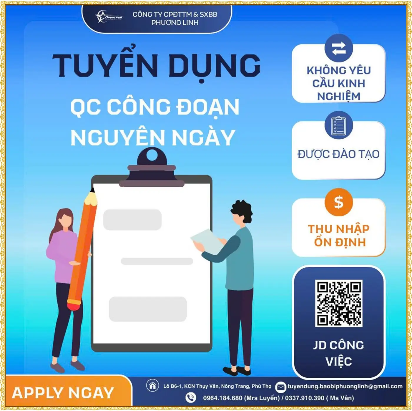 Tuyển QC công đoạn nguyên ngày tại Phú Thọ
