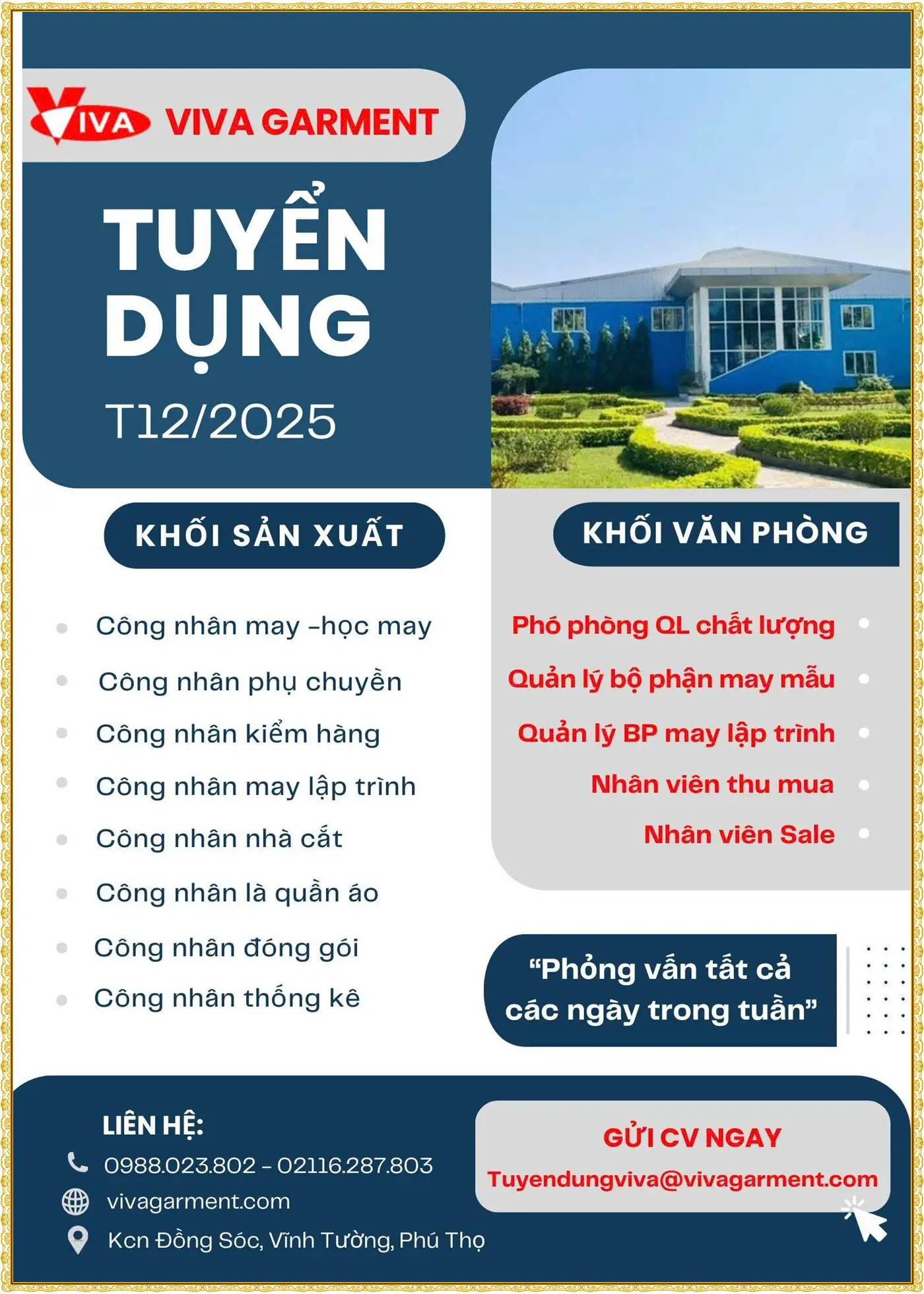 Phú thọ tuyển nhiều vị trí khối văn phòng và khối sản xuất