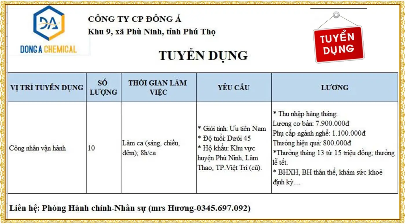 Phú thọ tuyển Công nhân vận hành