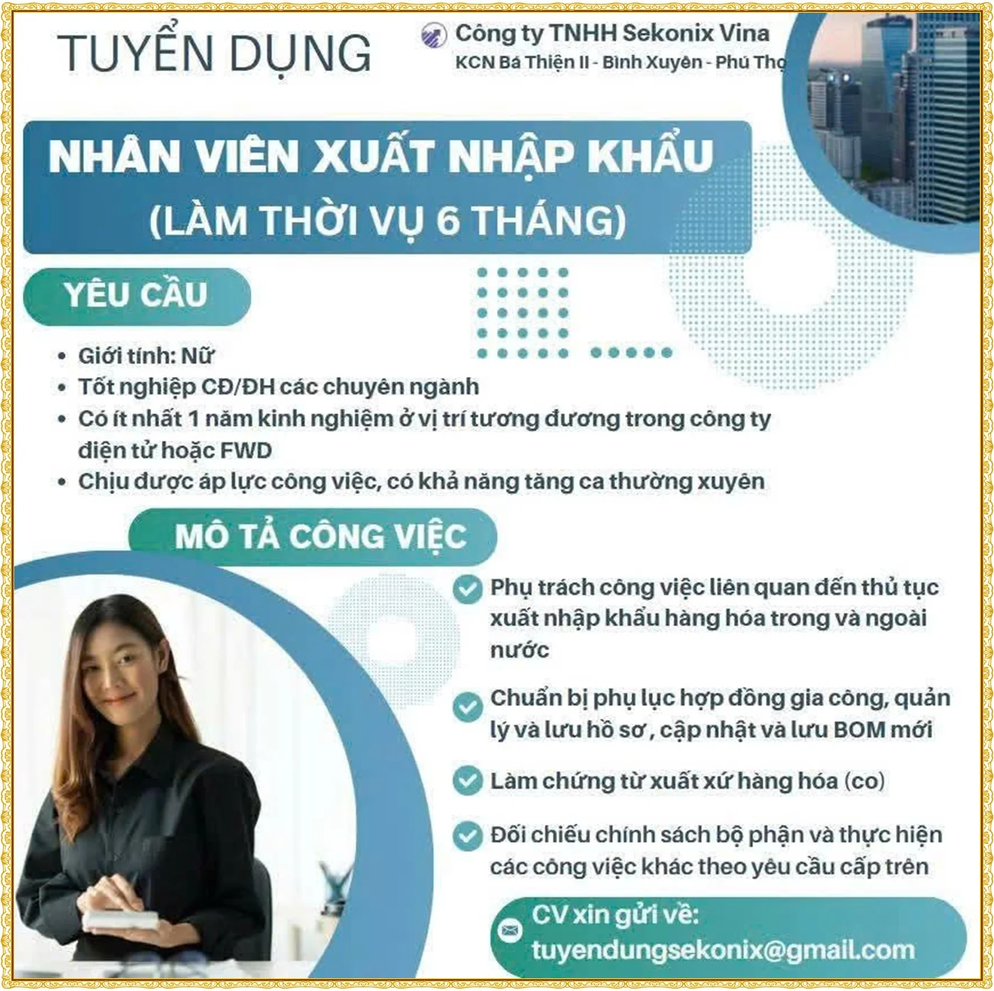 Phú Thọ tuyển nhân viên Xuất nhập khẩu
