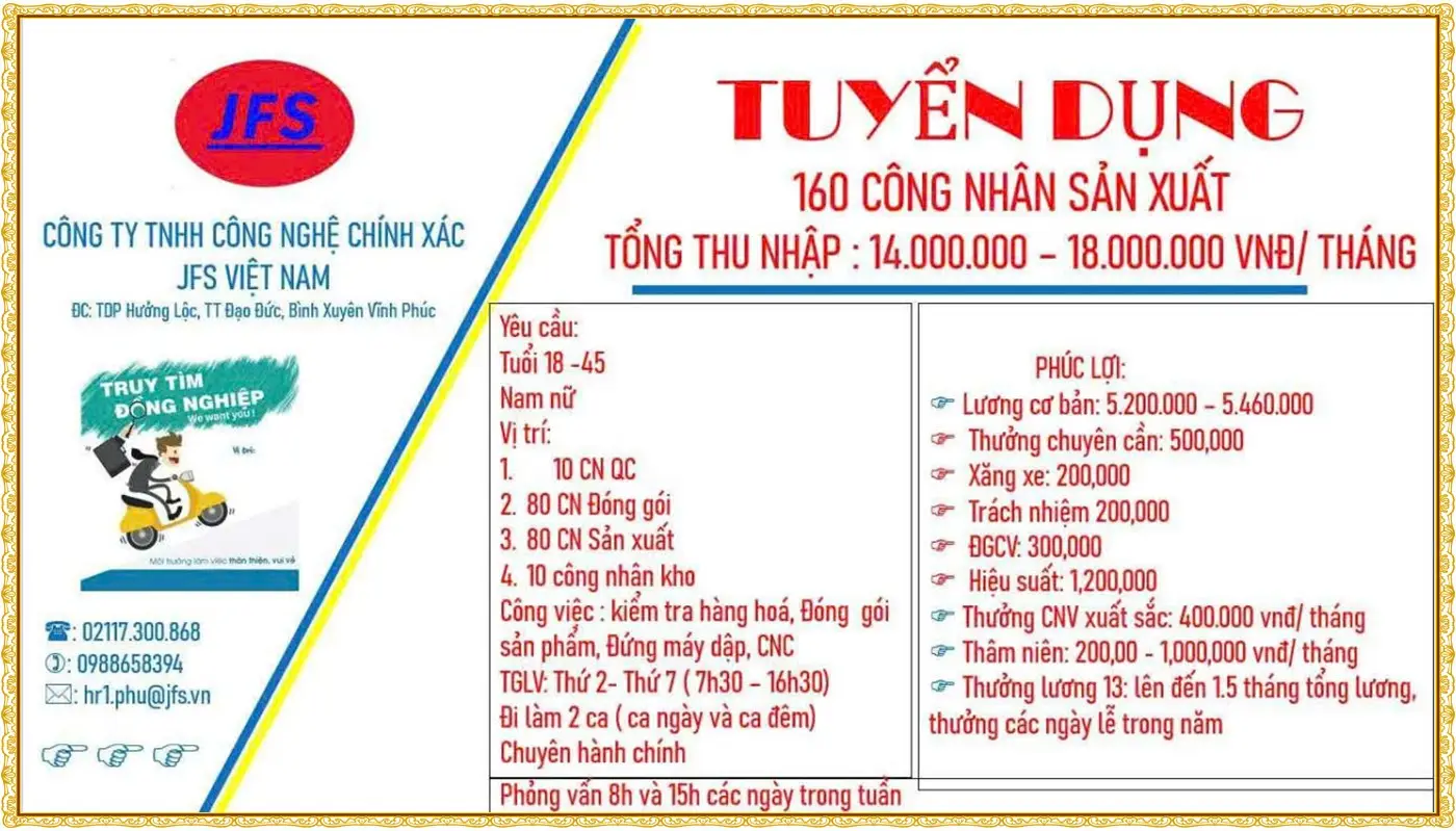 Phú thọ tuyển 160 công nhân thu nhập 14 dến 18 triệu/tháng